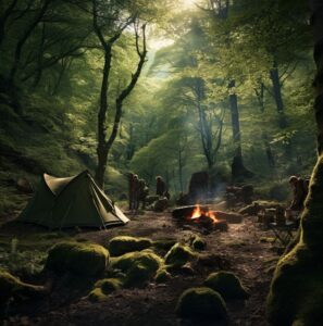 Campers gathered around a fire in a mossy clearing of Clocaenog Forest.