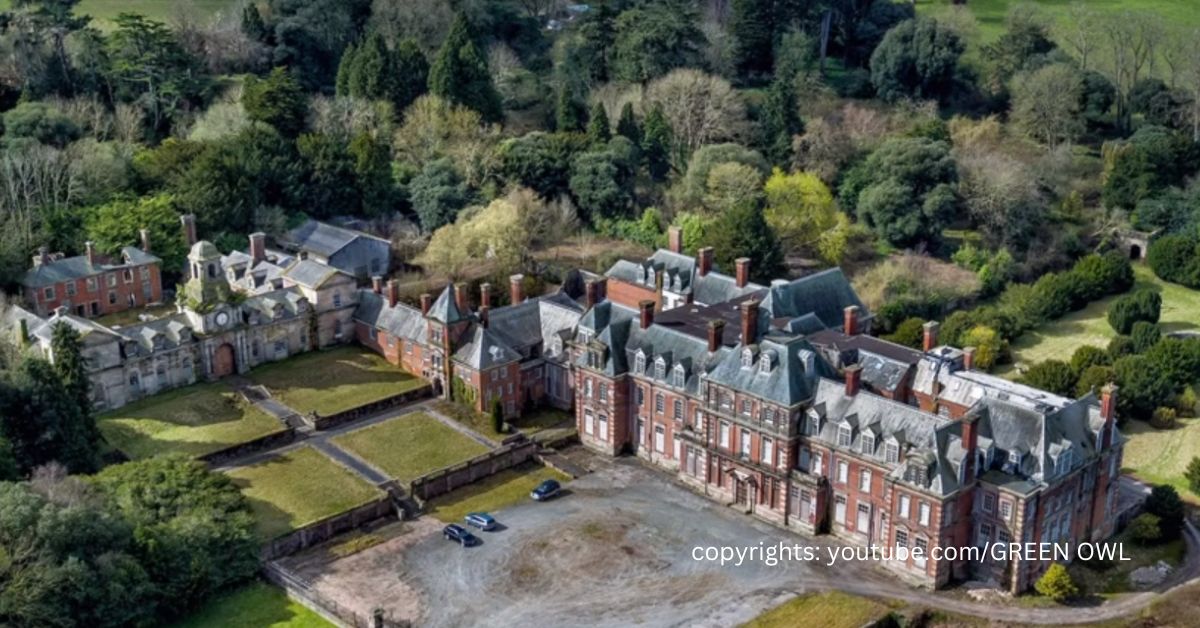Aerial view of Kinmel Hall showing the expansive estate and surrounding gardens.