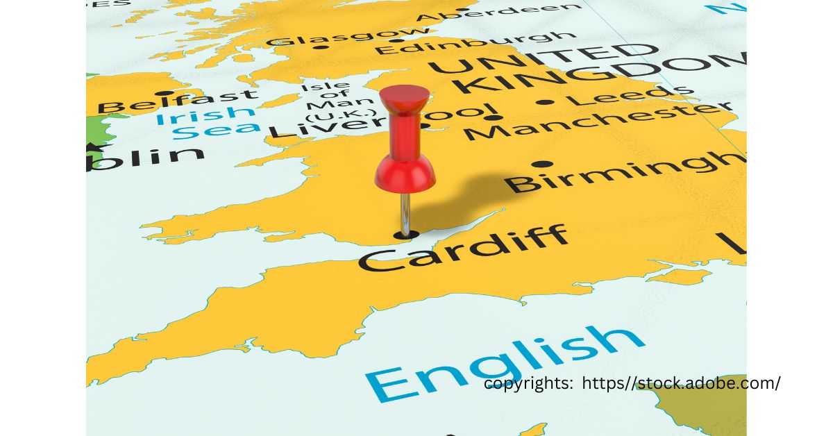 Map of the United Kingdom with a red pin marking the location of Cardiff in Wales.
