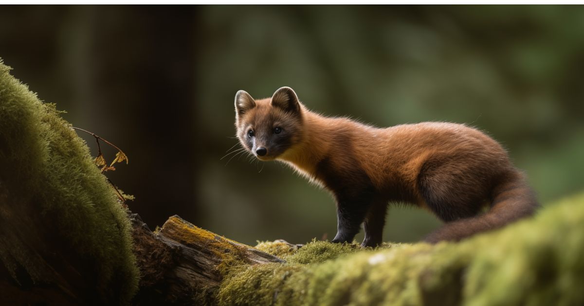 A solitary pine marten poised on a mossy log in the tranquil forests of Wales, embodying the serene beauty of the Welsh wilderness.