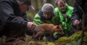 Conservationists in Wales gently examine a pine marten in its forest habitat, highlighting the hands-on effort in wildlife preservation.