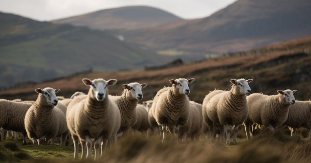 A serene image of a flock of sheep with rolling Welsh hills in the background, highlighting the pastoral beauty of Wales.