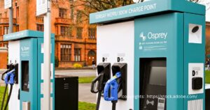 Electric vehicle charging stations in Cardiff as part of the city's green initiatives.