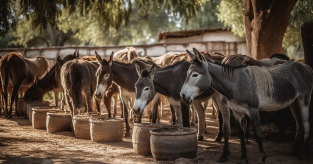 A serene group of donkeys lined up at feeding troughs in a shaded pen, exemplifying rural life and animal care.