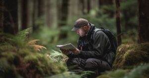A researcher takes notes in a Welsh forest, contributing to the vital study of pine marten ecology.