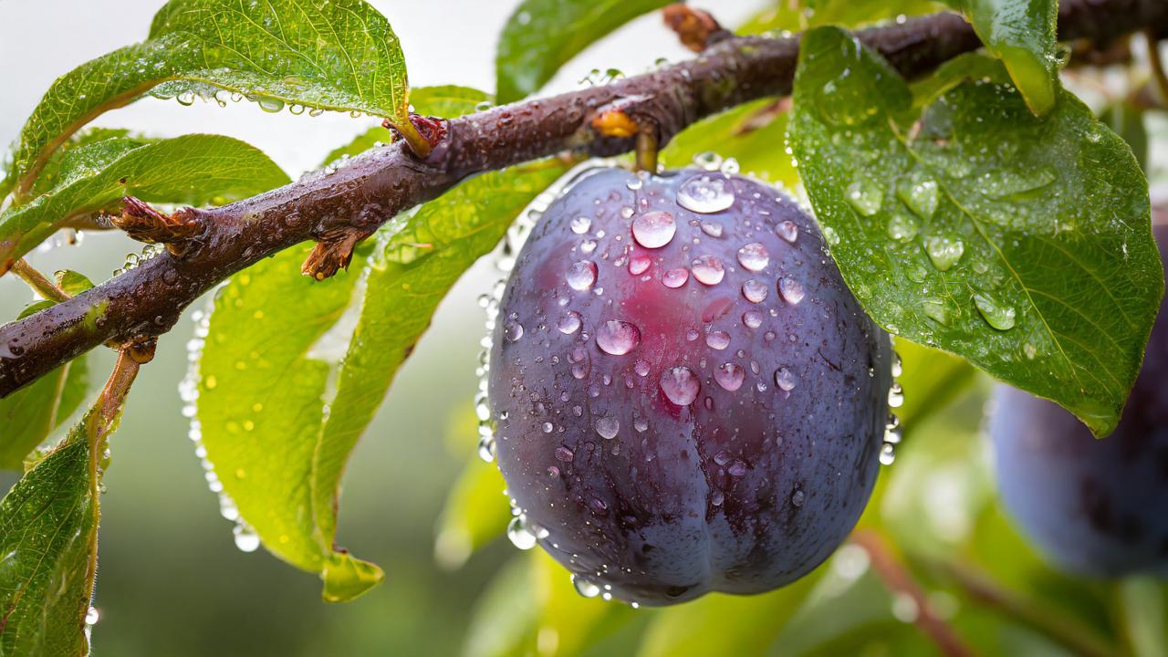 Close-up of a Denbigh Plum with raindrops on its surface, showcasing the lush produce of Wales.