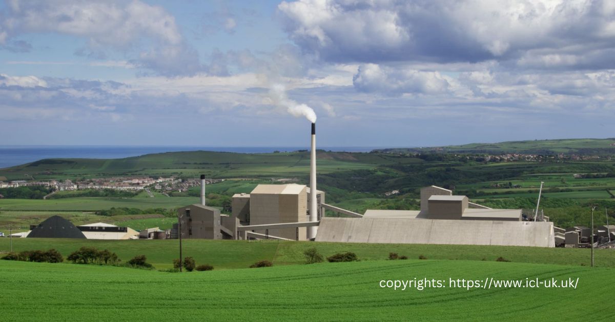 Industrial facility with a smokestack set against rolling green hills and distant coastline.