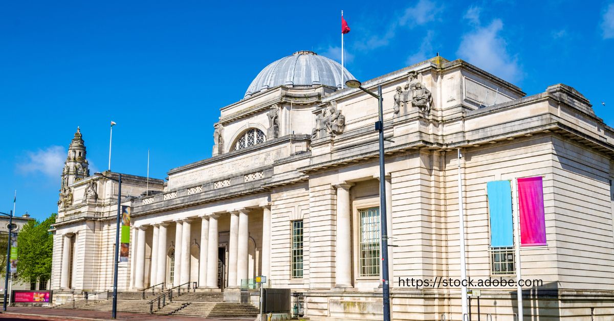The majestic facade of the National Museum Cardiff, the largest museum in Wales