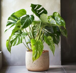 A Philodendron plant with large, glossy heart-shaped leaves in a modern speckled pot, positioned indoors to enhance the aesthetic of a Welsh home.