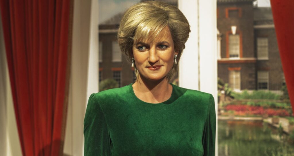 Elegant portrait of Princess Diana's wax figure.