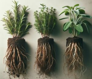 Healthy rosemary, thyme, and sage plants with exposed roots prepared for planting, symbolising the start of a Welsh herb garden.