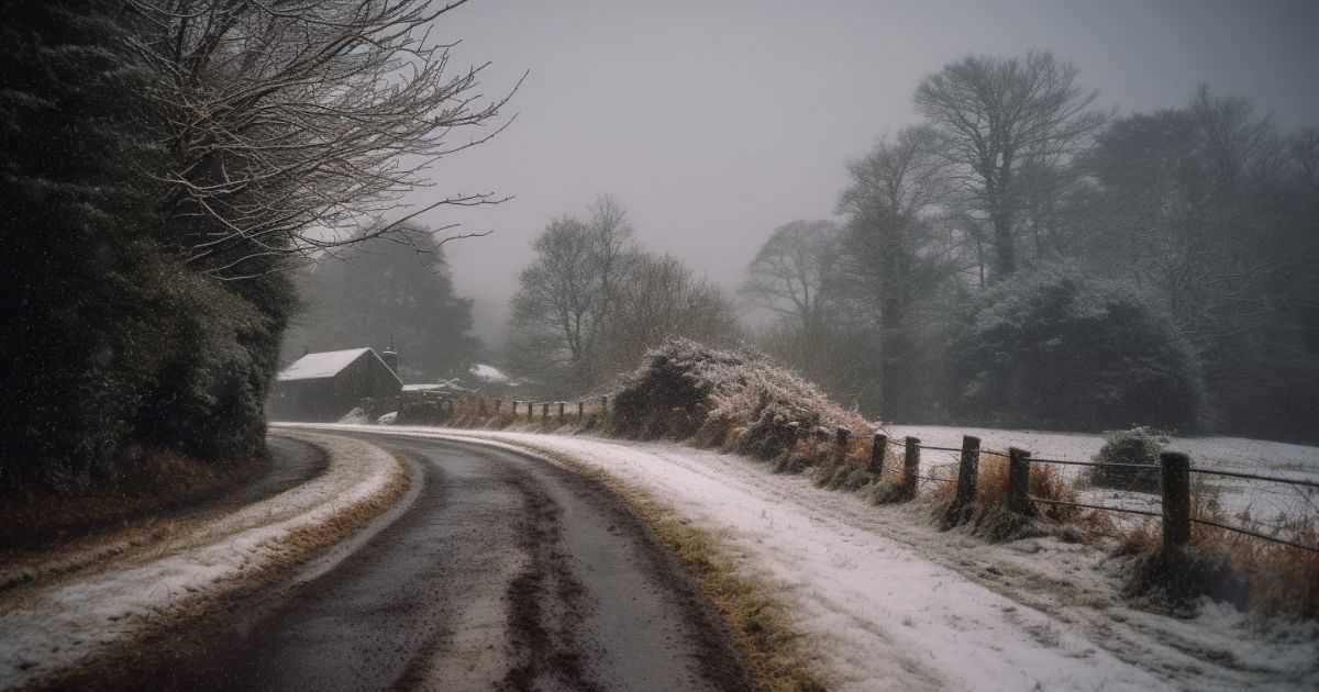 Snow dusting on a rural road in Wales with trees and a traditional Welsh cottage during a gentle snowfall.