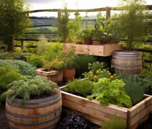 An array of herbs in raised wooden planters showcasing sustainable gardening practices, set against the rolling hills of the Welsh countryside.