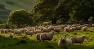 A vast flock of sheep grazing on the verdant slopes of Wales under the golden light of dusk, showcasing the country's rich pastoral landscapes.