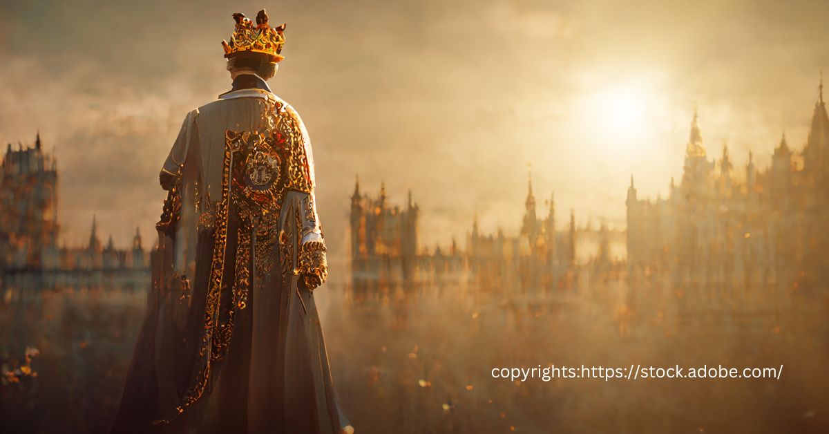 A regal figure in an ornate, golden-trimmed cloak gazes towards a magnificent castle, representing the historical and contemporary duties of the Prince of Wales.
