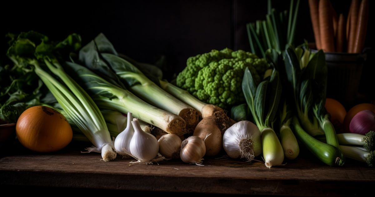 A vibrant selection of fresh vegetables including leeks, which is the national vegetable of Wales, amidst an assortment of organic produce.