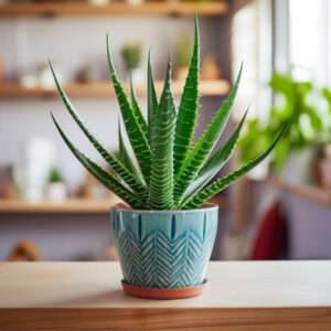 An Aloe Vera plant with rich green, spiky leaves in a geometric patterned pot, symbolizing health and vitality in a Welsh home.