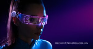 Woman wearing futuristic augmented reality glasses, envisioning the potential of tech.