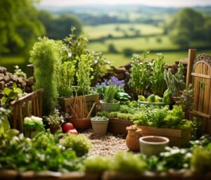 Diverse herb garden with Welsh varieties, showcasing lush greenery and organised planting.