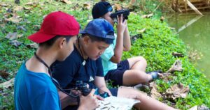 Young birdwatchers using binoculars and guidebook in Wales