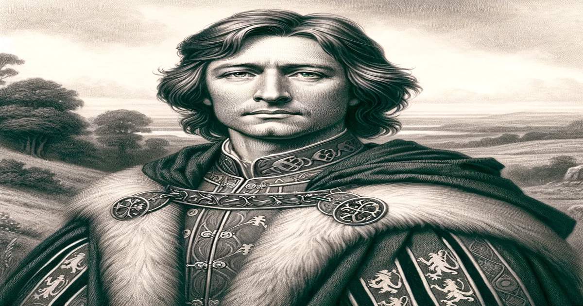 Portrait of Owain Glyndŵr, a medieval Welsh nobleman, in traditional attire with a Welsh landscape background.