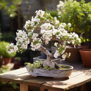 A flourishing Hawthorn bonsai tree adorned with a multitude of white blossoms, set on a rustic table amidst a sunlit UK garden terrace.