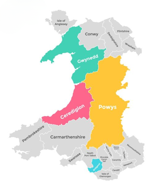 A digital map of Wales highlighting major cities including Cardiff, Swansea, Newport, Bangor, and Wrexham.