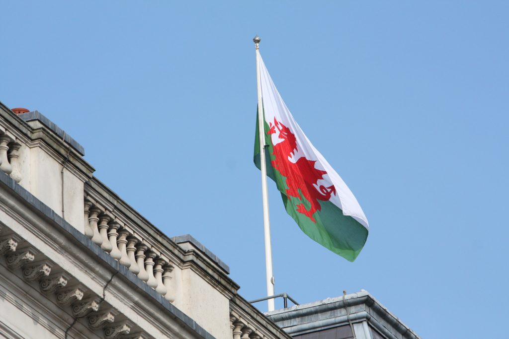 Welsh flag flying on the Foreign Office building in London on St David’s Day