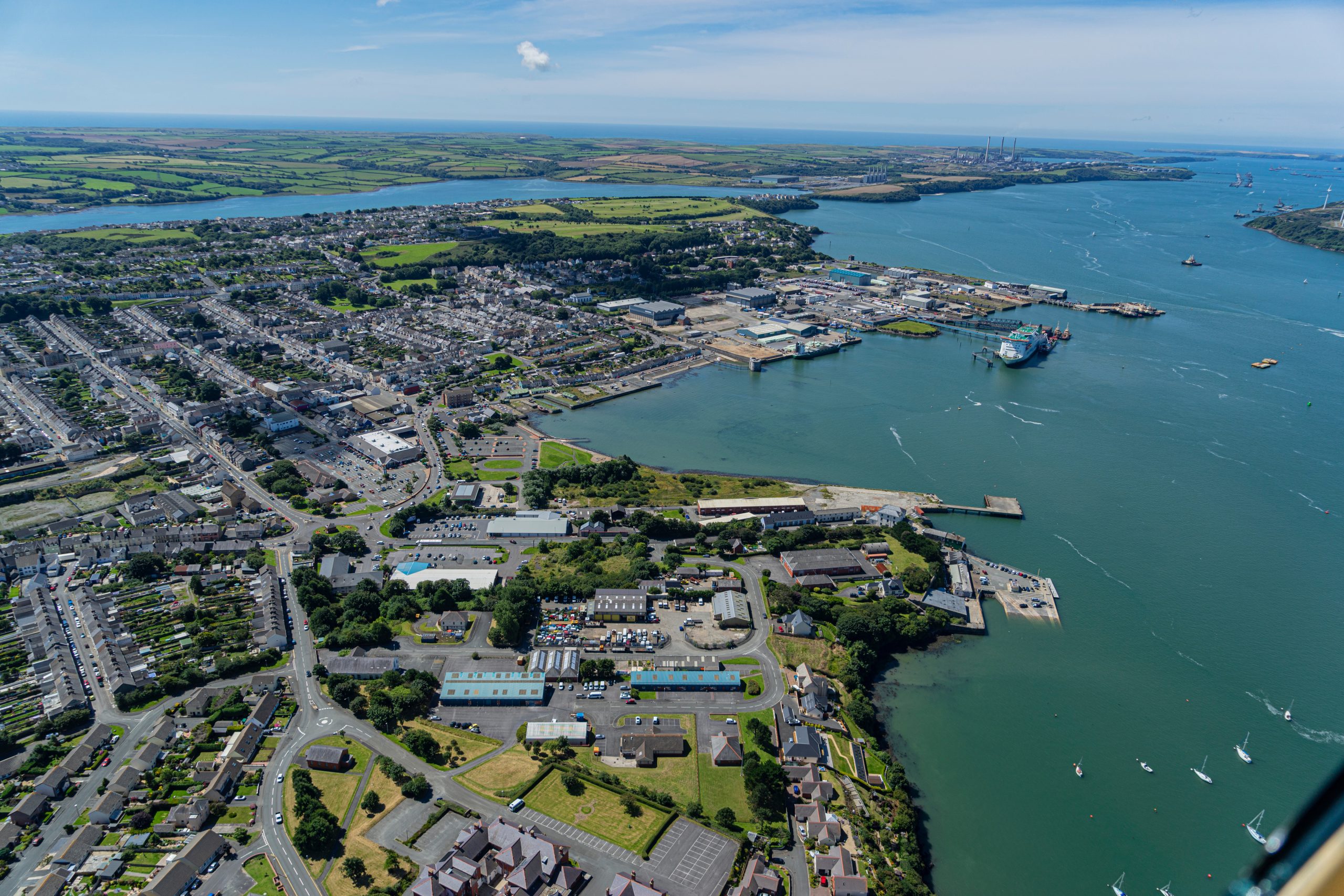 Aerial view of Pembroke Dock and oil and gas terminals at Milford Haven, Wales — site of the 1996 Sea Empress oil spill.