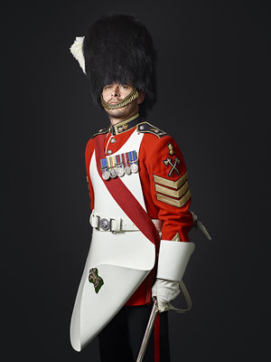 A ceremonial guard from the Royal Welsh Regiment in full dress uniform
