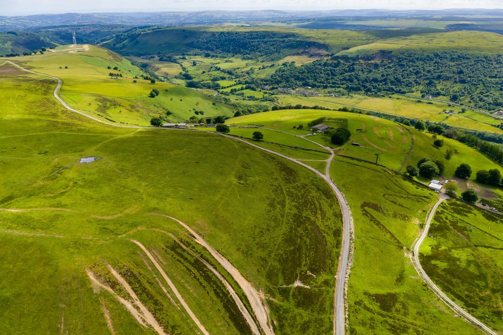 Aerial view of the rolling green hills and valleys in South Wales