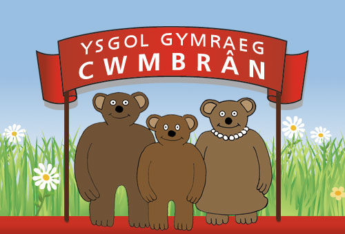 Cartoon logo banner for Ysgol Gymraeg Cwmbrân, a Welsh-medium school in South Wales