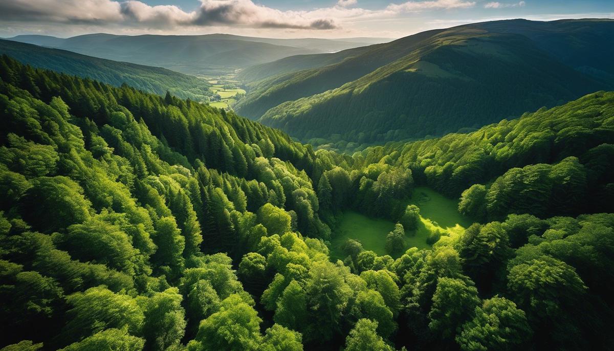 Aerial view of Clocaenog Forest at sunrise, with sunbeams highlighting the lush green canopy of Wales' largest forest.